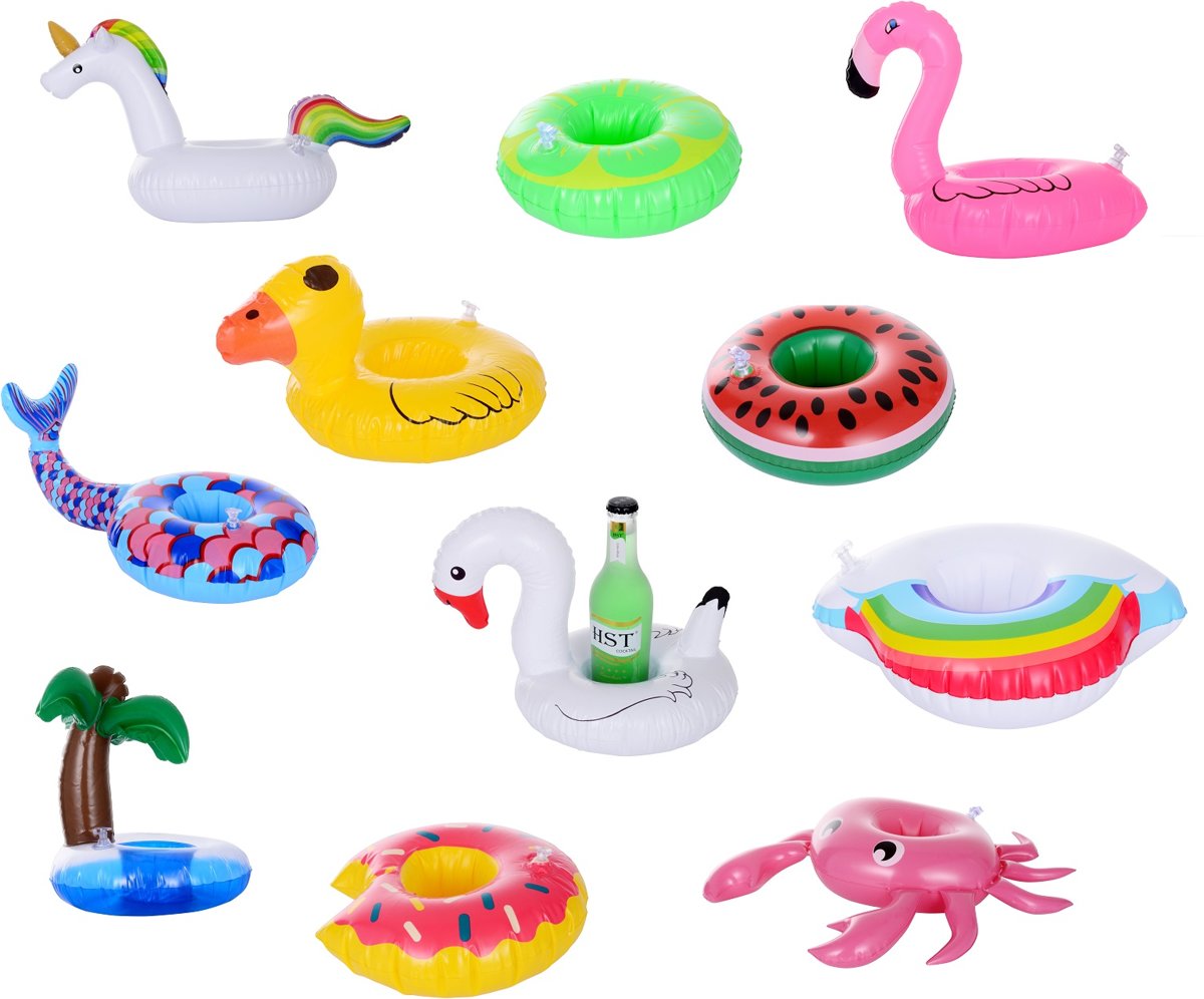 Gift pack 11x inflatable cup holder | opblaasbare blikjeshouder | eenhoorn gans donut zeemeermin flamingo etc. | blikje houder zwembad | drankje flesje beker houder